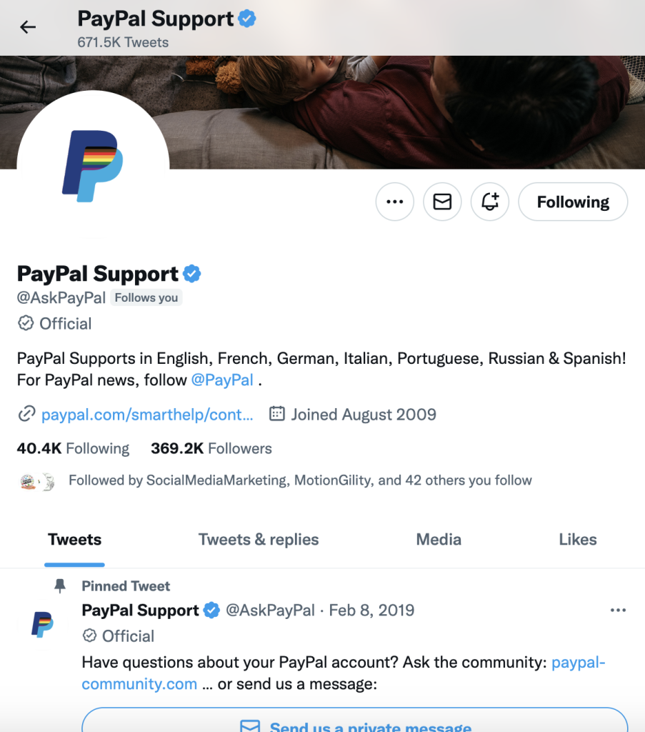 paypal customer service social media account